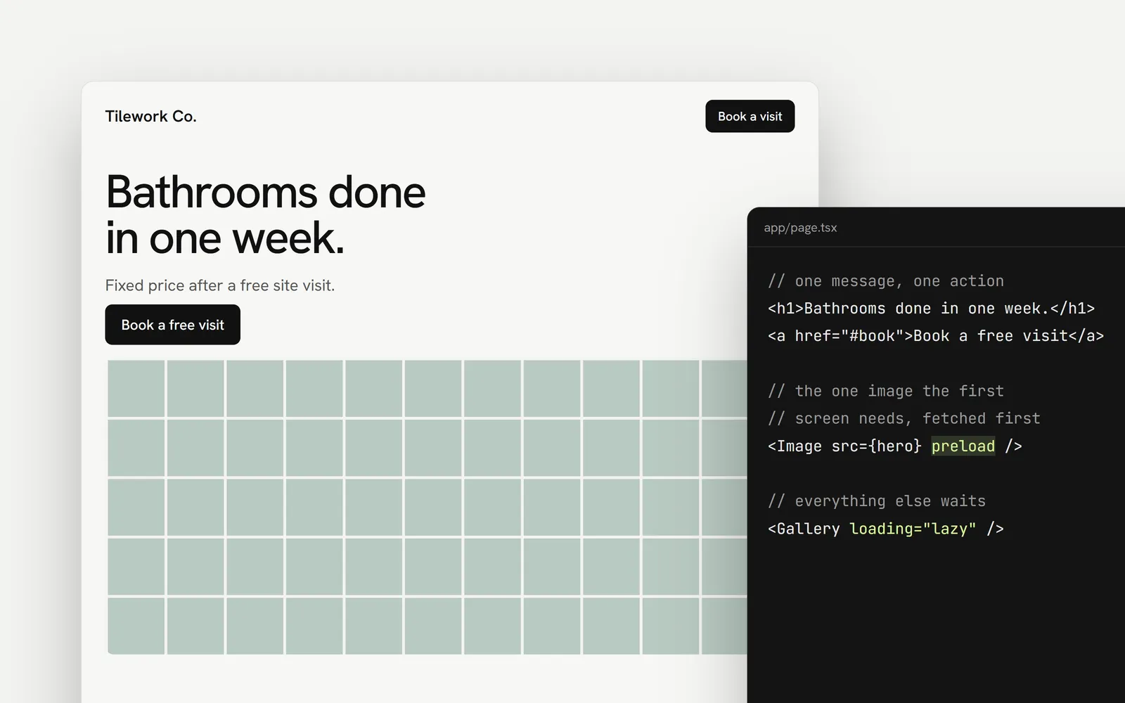 A first screen with one message, one action and one preloaded image, next to the code that sets it up