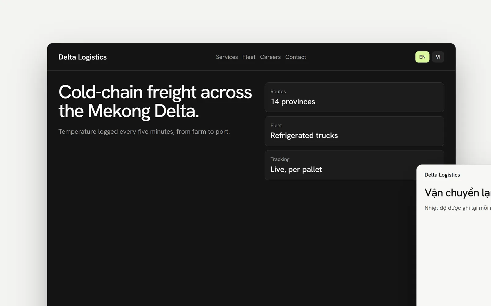 A sample logistics website in English with its Vietnamese version beside it