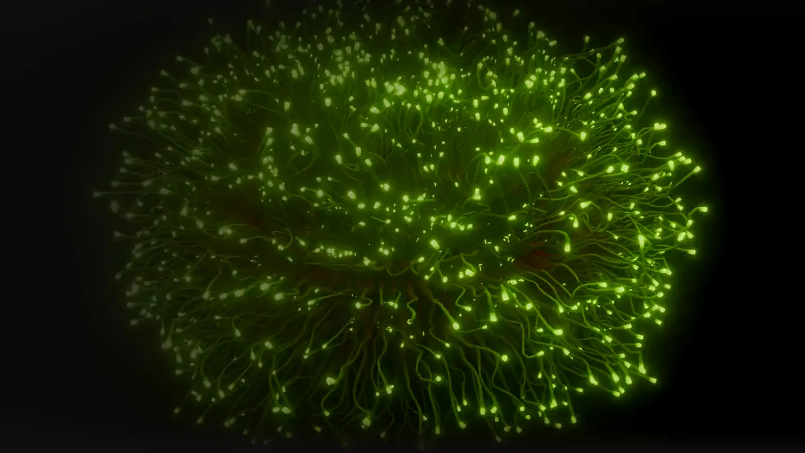 A sphere of fibre-optic strands with lime light at each tip
